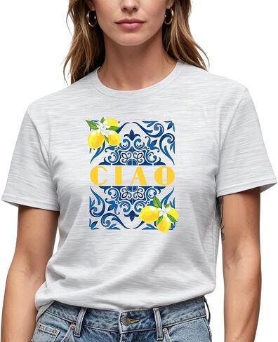 Women's CIAO Graphic T-Shirt, Cream, Italian Tile Lemon Print, Short Sleeve, Casual Summer Tee in Kuwait