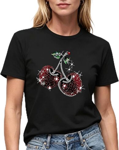 Women's Black T-Shirt with Rhinestone Cherry Graphic, Sparkly Fruit Design, Short Sleeve, Casual Style in Saudi Arabia