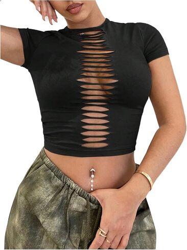 WDIRARA Women's Cut Out Ripped T-Shirts Crew Neck Short Sleeve Tee Going Out Crop Top in Kuwait
