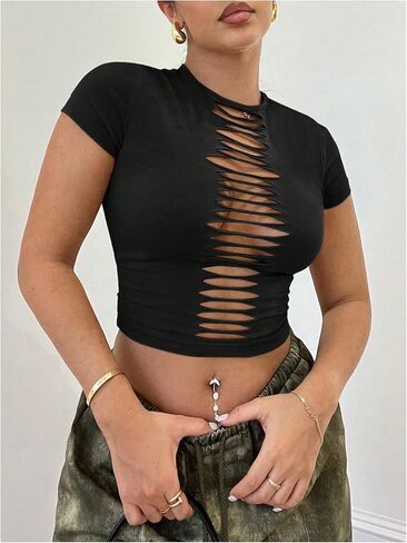 WDIRARA Women's Cut Out Ripped T-Shirts Crew Neck Short Sleeve Tee Going Out Crop Top in Kuwait