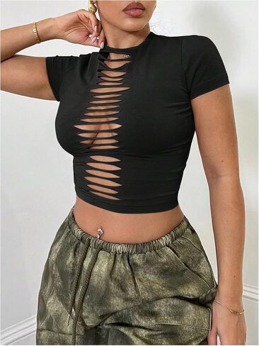 WDIRARA Women's Cut Out Ripped T-Shirts Crew Neck Short Sleeve Tee Going Out Crop Top in Kuwait