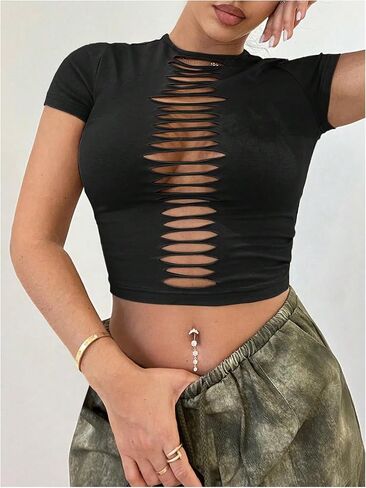 WDIRARA Women's Cut Out Ripped T-Shirts Crew Neck Short Sleeve Tee Going Out Crop Top in Kuwait