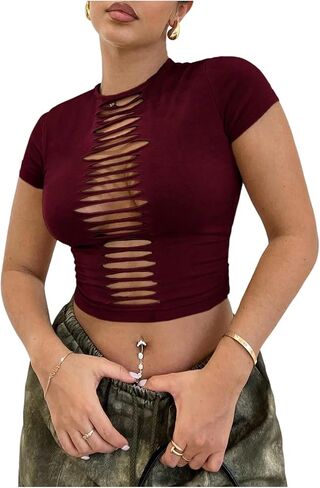 WDIRARA Women's Cut Out Ripped T-Shirts Crew Neck Short Sleeve Tee Going Out Crop Top in Kuwait