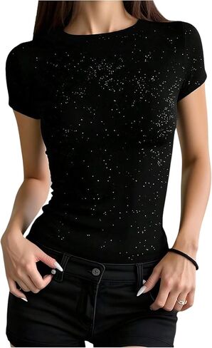 SweatyRocks Women's Glitter Rhinestone Short Sleeve Tees Crew Neck Summer Fitted Tee Shirts Tops in Kuwait