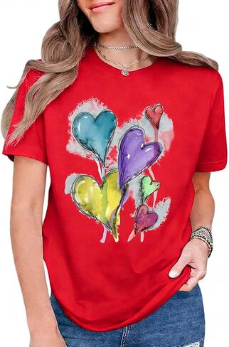 Women's Graphic T-Shirt, Love Heart Printed Short Sleeve Cotton Tees for Men, Casual Summer Top Valentines Day Gift in Saudi Arabia