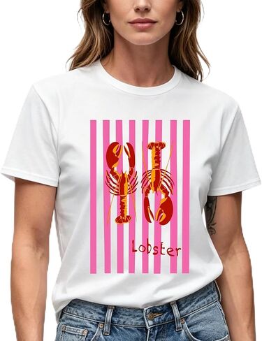 Women's Lobster Graphic T-Shirt, White, Pink Striped Print, Casual Short Sleeve Crew Neck Tee in Saudi Arabia