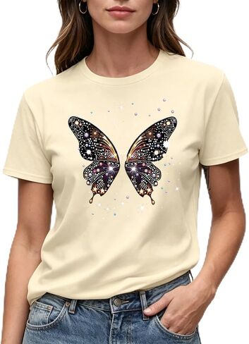 Women's Sparkle Butterfly Graphic T-Shirt, Short Sleeve, Crew Neck, Red, Casual Style in Saudi Arabia