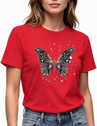 Women's Sparkle Butterfly Graphic T-Shirt, Short Sleeve, Crew Neck, Red, Casual Style in Kuwait