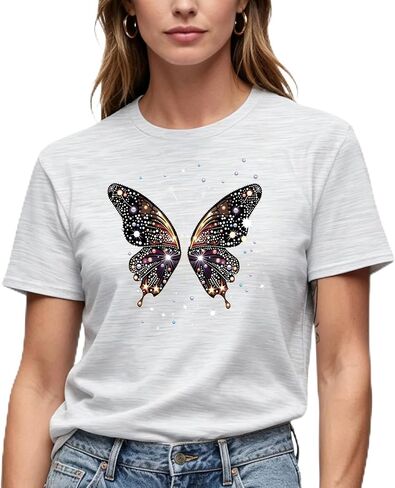 Women's Sparkle Butterfly Graphic T-Shirt, Short Sleeve, Crew Neck, Red, Casual Style in Kuwait