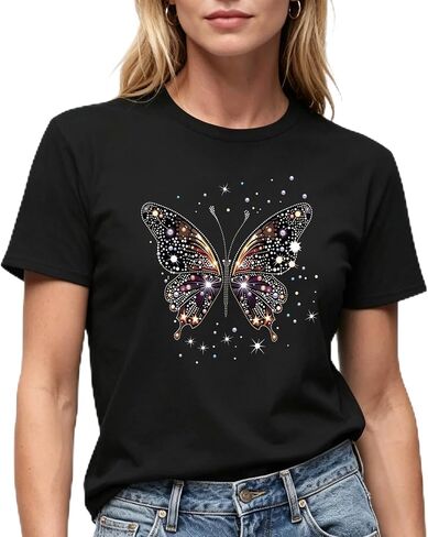 Women's Sparkle Butterfly Graphic T-Shirt, Short Sleeve, Crew Neck, Red, Casual Style in Kuwait