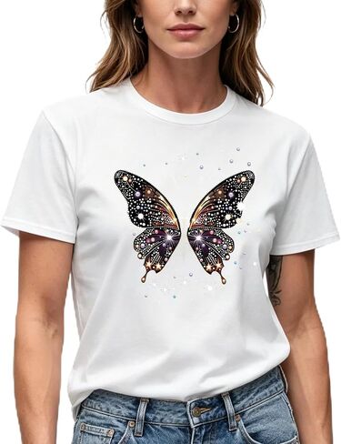 Women's Sparkle Butterfly Graphic T-Shirt, Short Sleeve, Crew Neck, Red, Casual Style in Kuwait