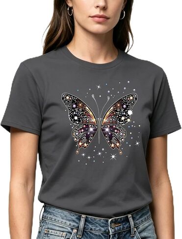 Women's Sparkle Butterfly Graphic T-Shirt, Short Sleeve, Crew Neck, Red, Casual Style in Kuwait