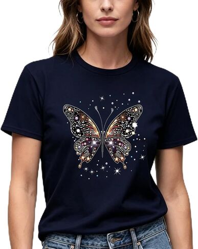 Women's Sparkle Butterfly Graphic T-Shirt, Short Sleeve, Crew Neck, Red, Casual Style in Kuwait