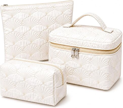 3 Pcs White Shell Quilted Makeup Bag Set - Coquette Cotton Cosmetic Bags for Women, Coastal Makeup Pouch, Large Travel Toiletry Bag for Makeup, Skincare and Purse Essentials in Kuwait