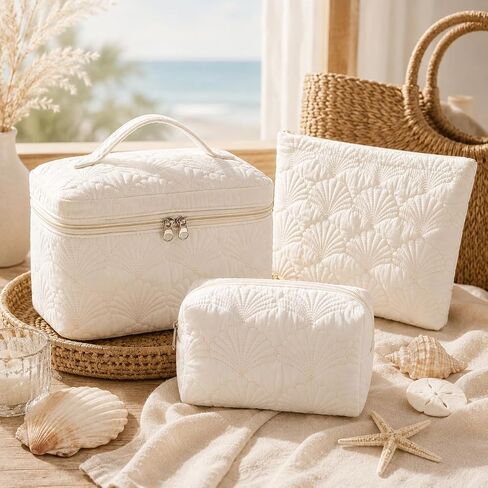 3 Pcs White Shell Quilted Makeup Bag Set - Coquette Cotton Cosmetic Bags for Women, Coastal Makeup Pouch, Large Travel Toiletry Bag for Makeup, Skincare and Purse Essentials in Kuwait