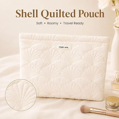 3 Pcs White Shell Quilted Makeup Bag Set - Coquette Cotton Cosmetic Bags for Women, Coastal Makeup Pouch, Large Travel Toiletry Bag for Makeup, Skincare and Purse Essentials in Kuwait