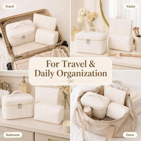 3 Pcs White Shell Quilted Makeup Bag Set - Coquette Cotton Cosmetic Bags for Women, Coastal Makeup Pouch, Large Travel Toiletry Bag for Makeup, Skincare and Purse Essentials in Kuwait