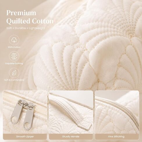3 Pcs White Shell Quilted Makeup Bag Set - Coquette Cotton Cosmetic Bags for Women, Coastal Makeup Pouch, Large Travel Toiletry Bag for Makeup, Skincare and Purse Essentials in Kuwait