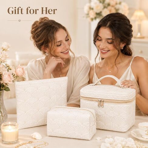 3 Pcs White Shell Quilted Makeup Bag Set - Coquette Cotton Cosmetic Bags for Women, Coastal Makeup Pouch, Large Travel Toiletry Bag for Makeup, Skincare and Purse Essentials in Kuwait