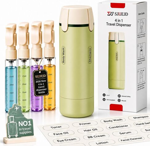 4 in 1 Travel Dispenser Bottle for Flying Essentials Camping Toiletries Pump Leak Proof Size TSA Travel Containers Portable Refillable Hard Shell Rotating Design with Scale and Labels (White) in Saudi Arabia