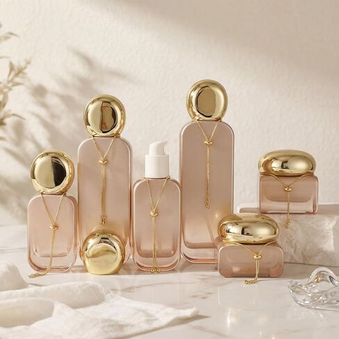 6 Pcs Luxury Glass Skincare Containers Set Refillable with Pump Glass Bottle with Gold Chain Spray Bottle Skincare Jars 1.01-4.06 oz for Oil Water Cream Foundation Serum Moisturizer(Orange) in Saudi Arabia