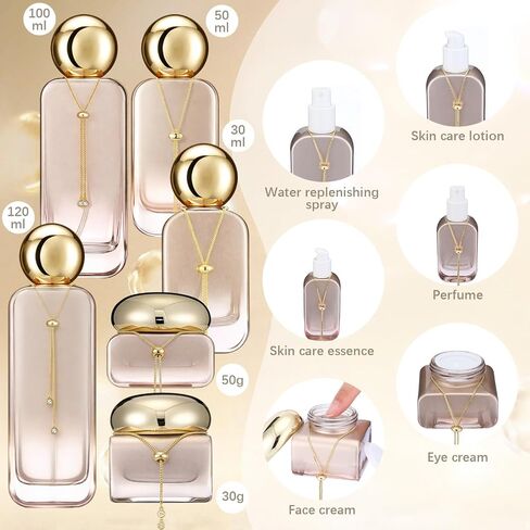 6 Pcs Luxury Glass Skincare Containers Set Refillable with Pump Glass Bottle with Gold Chain Spray Bottle Skincare Jars 1.01-4.06 oz for Oil Water Cream Foundation Serum Moisturizer(Orange) in Saudi Arabia