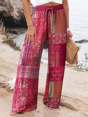 Women's Pink Tribal Patchwork Print Drawstring Waist Wide Leg Pants with Pockets for Casual Boho Summer Wear in Kuwait