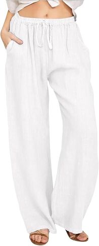Women's Summer Drawstring Waist Wide Leg Loose Cotton Linen Palazzo Pants in Kuwait