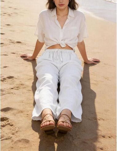Women's Summer Drawstring Waist Wide Leg Loose Cotton Linen Palazzo Pants in Kuwait