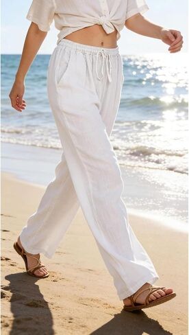 Women's Summer Drawstring Waist Wide Leg Loose Cotton Linen Palazzo Pants in Kuwait