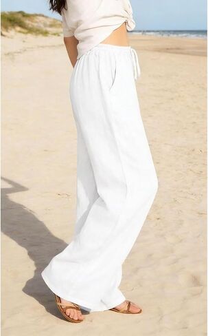 Women's Summer Drawstring Waist Wide Leg Loose Cotton Linen Palazzo Pants in Kuwait
