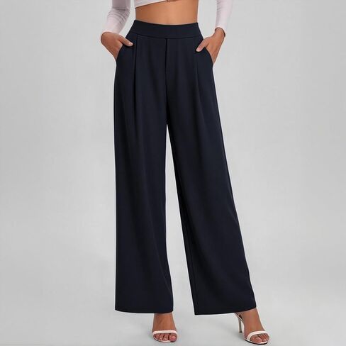Womens Dress Pants High Waisted Office Pants for Bussiness Work Solid Loose Fit Straight Leg Trousers Tummy Control in Kuwait