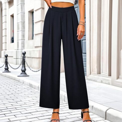 Womens Dress Pants High Waisted Office Pants for Bussiness Work Solid Loose Fit Straight Leg Trousers Tummy Control in Kuwait