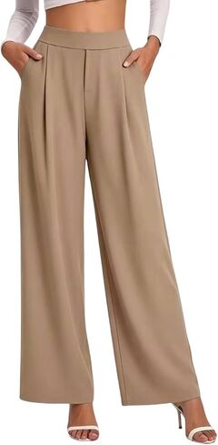 Womens Dress Pants High Waisted Office Pants for Bussiness Work Solid Loose Fit Straight Leg Trousers Tummy Control in Kuwait