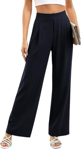 Womens Dress Pants High Waisted Office Pants for Bussiness Work Solid Loose Fit Straight Leg Trousers Tummy Control in Kuwait