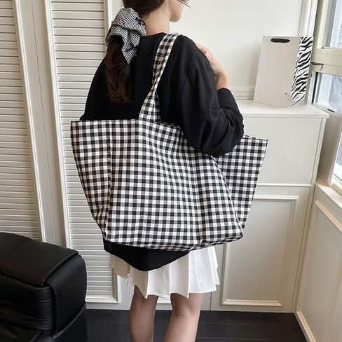 Plaid Canvas Tote Bag for Women, Large Capacity Shoulder Handbag for Commuting, Shopping and Daily Use in Kuwait
