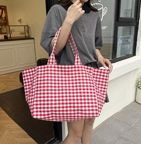 Plaid Canvas Tote Bag for Women, Large Capacity Shoulder Handbag for Commuting, Shopping and Daily Use in Kuwait