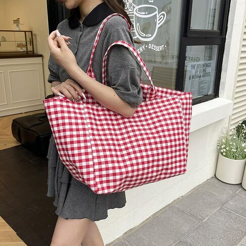 Plaid Canvas Tote Bag for Women, Large Capacity Shoulder Handbag for Commuting, Shopping and Daily Use in Kuwait
