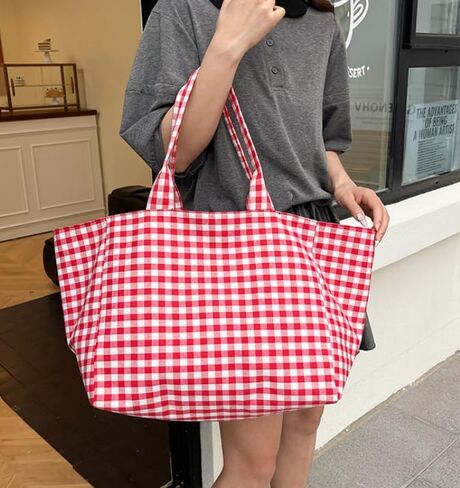 Plaid Canvas Tote Bag for Women, Large Capacity Shoulder Handbag for Commuting, Shopping and Daily Use in Kuwait
