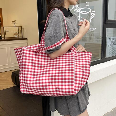 Plaid Canvas Tote Bag for Women, Large Capacity Shoulder Handbag for Commuting, Shopping and Daily Use in Kuwait