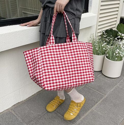Plaid Canvas Tote Bag for Women, Large Capacity Shoulder Handbag for Commuting, Shopping and Daily Use in Kuwait