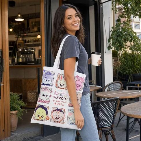 SKZ Merch Canvas Tote Bag for Stay Fans, White, Cotton Outer, Adjustable Strap, 5.3L Capacity, Unisex in Saudi Arabia