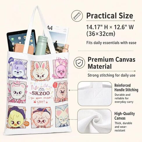 SKZ Merch Canvas Tote Bag for Stay Fans, White, Cotton Outer, Adjustable Strap, 5.3L Capacity, Unisex in Saudi Arabia