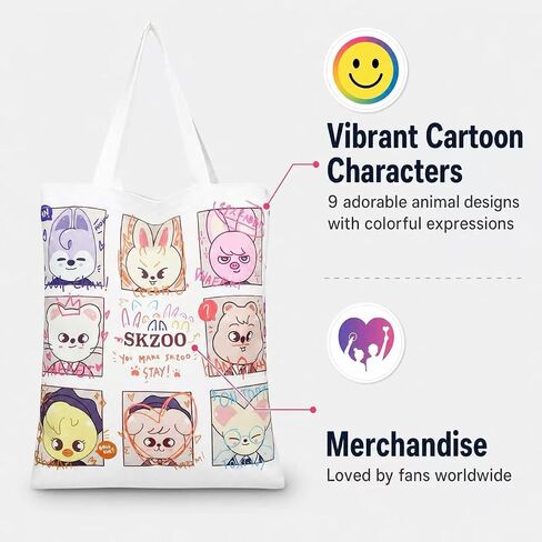 SKZ Merch Canvas Tote Bag for Stay Fans, White, Cotton Outer, Adjustable Strap, 5.3L Capacity, Unisex in Saudi Arabia