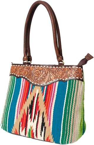 American Darling Handcrafted Floral Tooled Genuine Leather & Woven Saddle Blanket Tote Bag with YKK Zipper & Buck Stitching in Saudi Arabia