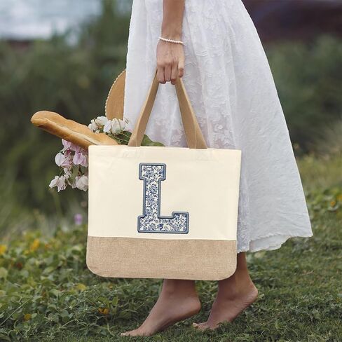 Initial Canvas Tote Bag, Womens Personalized Monogram L Tote Bags, Suitable for Wedding Engagement Parties Honeymoon Birthday Beach Holiday, Gift for Women Grandma Mom Teacher Friends Bridesmaids in Saudi Arabia