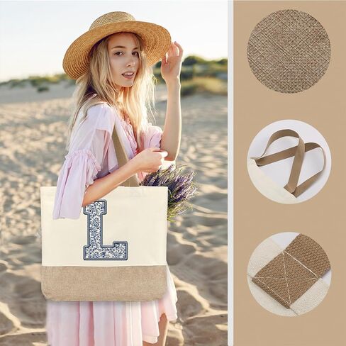 Initial Canvas Tote Bag, Womens Personalized Monogram L Tote Bags, Suitable for Wedding Engagement Parties Honeymoon Birthday Beach Holiday, Gift for Women Grandma Mom Teacher Friends Bridesmaids in Saudi Arabia