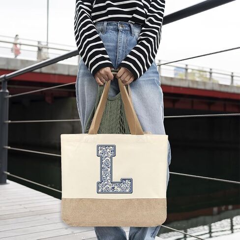 Initial Canvas Tote Bag, Womens Personalized Monogram L Tote Bags, Suitable for Wedding Engagement Parties Honeymoon Birthday Beach Holiday, Gift for Women Grandma Mom Teacher Friends Bridesmaids in Saudi Arabia