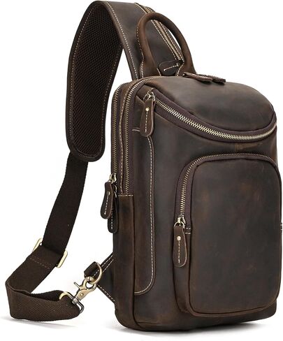 Men’s Vintage Full Grain Leather Sling Bag Crossbody Chest Daypack for Travel/Hiking in Saudi Arabia