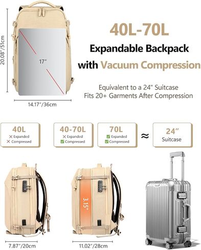 Zurligi Vacuum Seal Travel Backpack with Removable Hip Belt & Vacuum Bag with Pump, Compression Travel Backpack with Vacuum System Expandable 40-60L Carry-On Backpack for Travel Business in Saudi Arabia